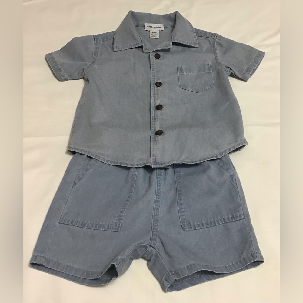 Kids Light Blue Denim-Style Shirt & Shorts Matching Set